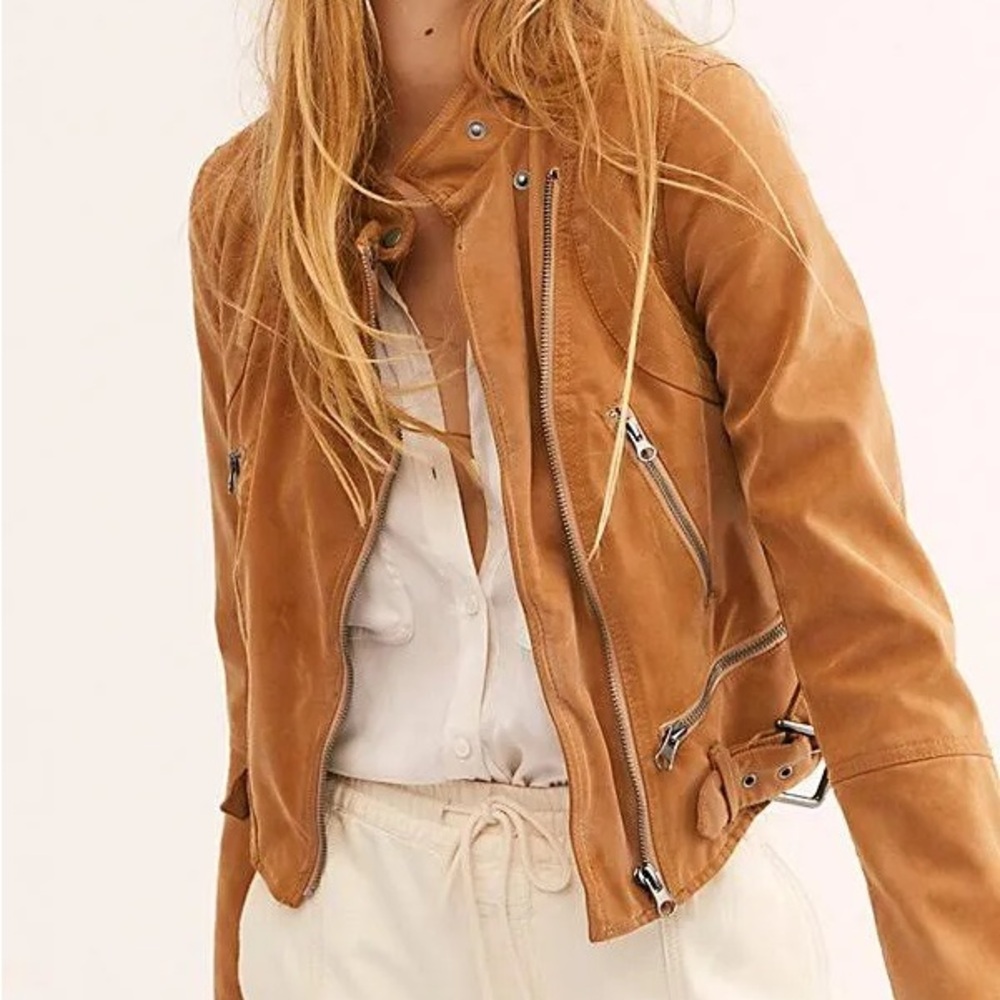 Free People fenix faux Leather Motorcycle Jacket tan brown women’s size large